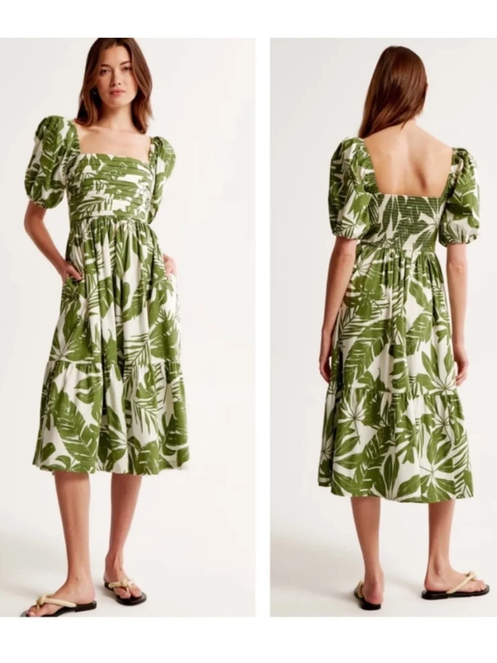 Abercrombie and Fitch Green Leaf-Print Puff Sleeve Midi Dress